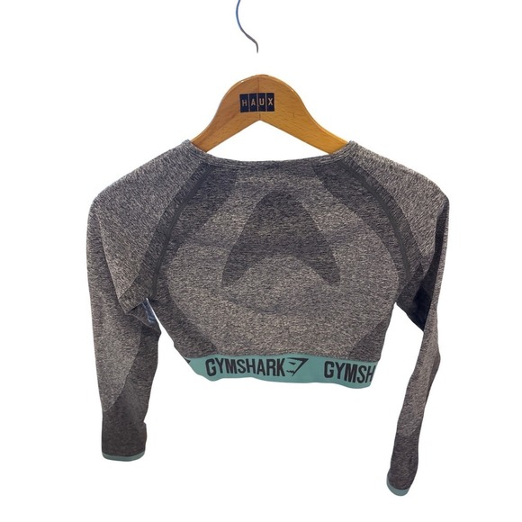 Gymshark Flex Long Sleeve Crop Top Grey Teal Marl Seamless Medium DRY Workout - Picture 2 of 3